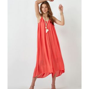 Charlie Paige Flowy Crinkle Romper (Coral)