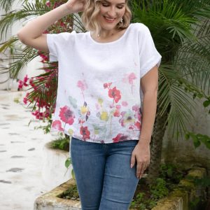 Orange Fashion Angelas Watercolour Blossom Linen Top