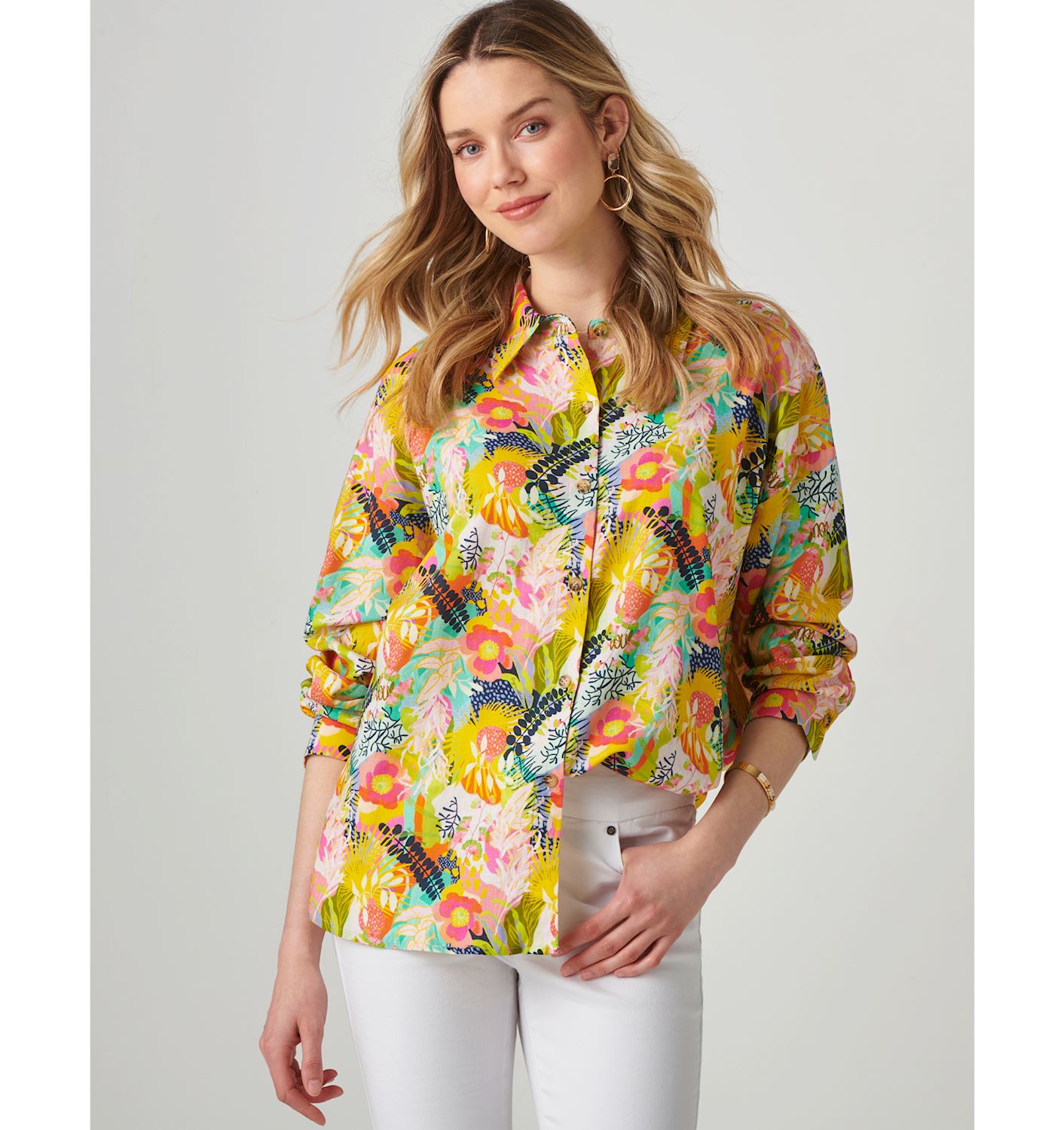 Charlie Paige Relaxed Linen Blend Shirt (Citrus Garden)
