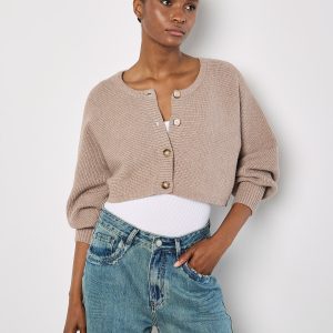 Apricot Fashion Ribbed Knit Cropped Cardigan