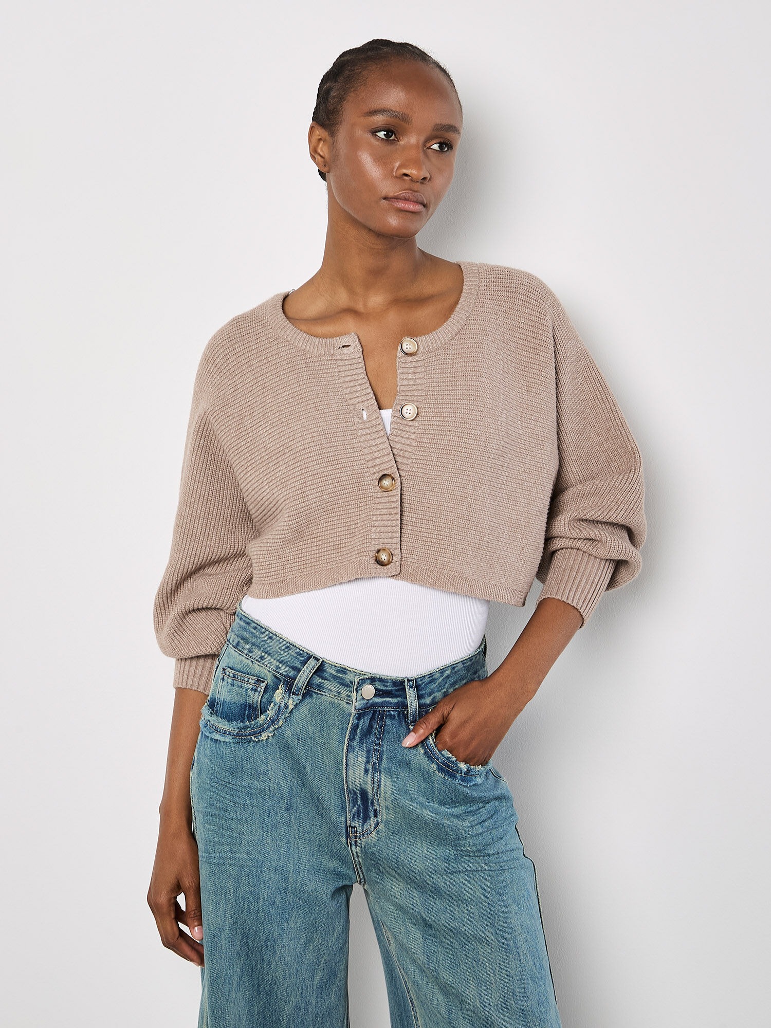 Apricot Fashion Ribbed Knit Cropped Cardigan