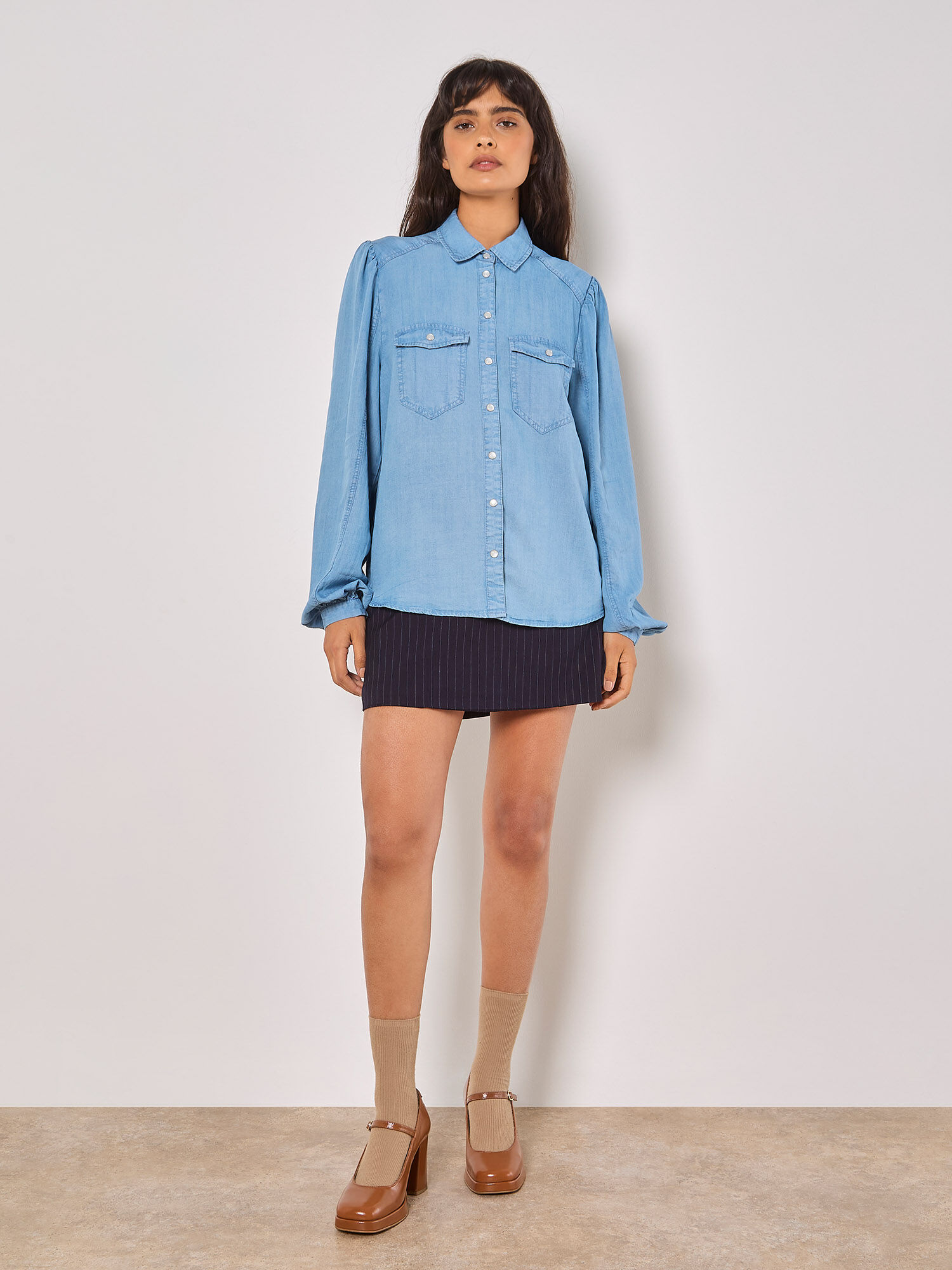 Apricot Fashion Balloon Sleeve Denim Shirt
