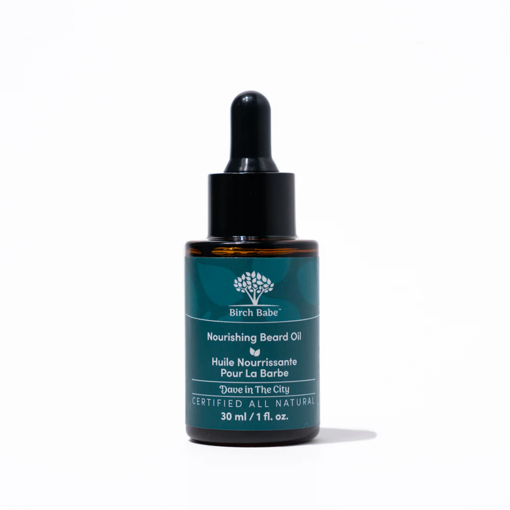 nourishing beard oil by birch babe product image against white backdrop