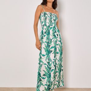 Apricot Fashion Tropical Leaf Satin Maxi Dress