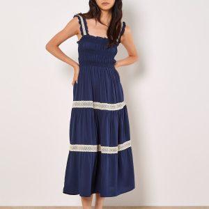 Apricot Fashion Crochet Lace Tiered Midi Dress